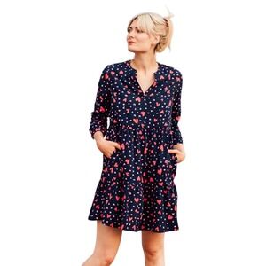 Sugarhill Brighton Navy Heart Print Smock Dress Tiered Long Sleeve Pockets US 10